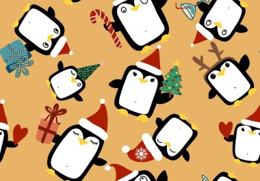 Noel hayvanları kağıt, kumaş, çarşaf, çocuk giysisi baskısı, yeni yıl aksesuarları ve kış ambalajları için kusursuz penguen desenleri. Yüksek kaliteli illüstrasyon