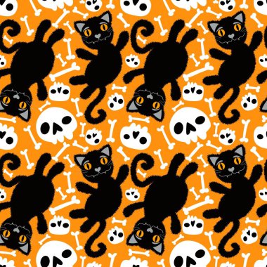 Cadılar Bayramı çizgi filminde siyah kediler, kağıt, kumaş, çarşaf, çocuk giysisi baskısı ve şenlikli ambalaj için kusursuz hayvan desenleri. Yüksek kaliteli illüstrasyon