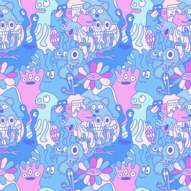 Çizgi film canavarları, kusursuz komik uzaylılar, tavşan, kaktüs ve çiçek desenleri. Kağıt, çarşaf, kumaş, çocuk giysisi baskısı ve şenlikli ambalaj için. Yüksek kaliteli illüstrasyon
