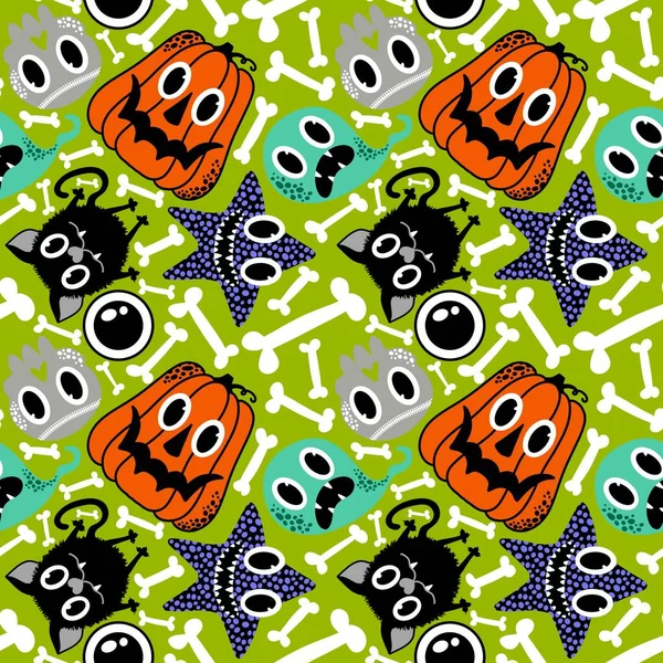 Tecknad Halloween Sömlösa Pumpor Och Spöke Och Katt Och Skallar — Stockfoto