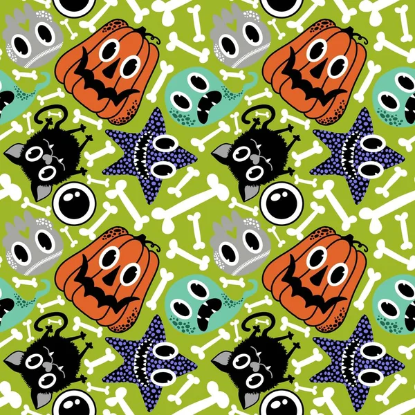 Cartoon Halloween Seamless Pumpkins Ghost Cat Skulls Starfish Pattern Wrapping — Stock Photo, Image