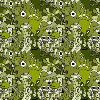 Çizgi film canavarları, kusursuz komik uzaylılar, tavşan, kaktüs ve çiçek desenleri. Kağıt, çarşaf, kumaş, çocuk giysisi baskısı ve şenlikli ambalaj için. Yüksek kaliteli illüstrasyon