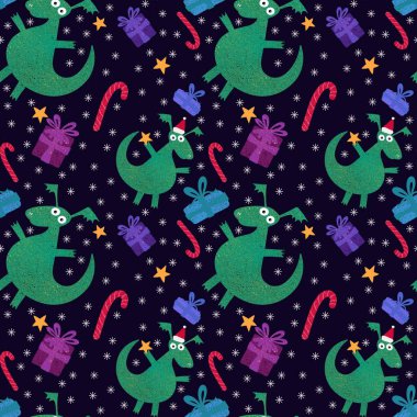 Cartoon dinosaur monsters seamless dragon pattern for wrapping paper and Christmas gift box and kids clothes print and festive packaging and linens and fabrics. High quality illustration