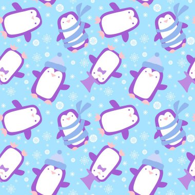 Noel hayvanları kağıt, kumaş, çarşaf, çocuk giysisi baskısı, yeni yıl aksesuarları ve kış ambalajları için kusursuz penguen desenleri. Yüksek kaliteli illüstrasyon