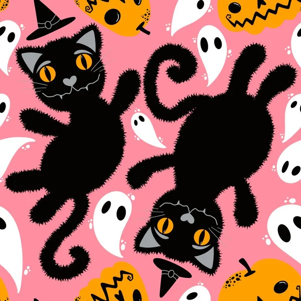 Halloween Desen Animat Pisici Negre Animale Fără Sudură Monștri Pufoase — Fotografie, imagine de stoc