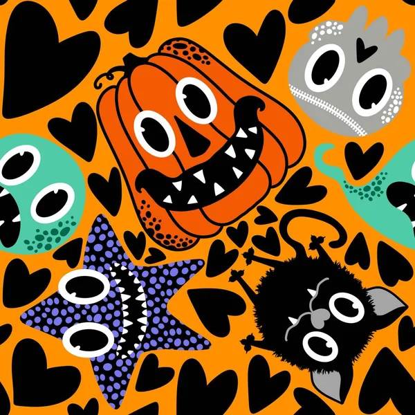 Rajzfilm Halloween Varrat Nélküli Sütőtök Szellem Macska Koponyák Tengeri Csillag — Stock Fotó
