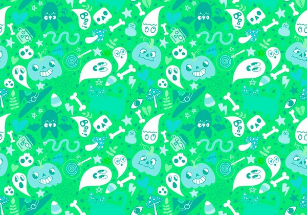 Desenhos Animados Halloween Sem Costura Abóboras Crânios Fantasma Gato Padrão — Fotografia de Stock