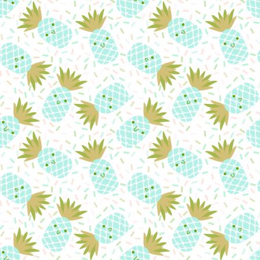 Karikatür yaz meyvesiz ananas desenli ambalaj kağıdı, kumaş, çarşaf ve çocuk giysileri baskısı ve mayo tekstili. Yüksek kaliteli illüstrasyon