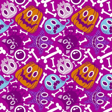 Çizgi filmlerde cadılar bayramı balkabakları, hayaletler, kediler, kafatasları, deniz yıldızı desenleri ve çocuk giysileri baskısı, şenlikli ambalajlar, kumaşlar ve çarşaflar. Yüksek kaliteli illüstrasyon