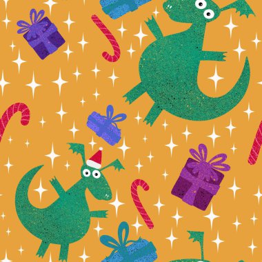 Cartoon dinosaur monsters seamless dragon pattern for wrapping paper and Christmas gift box and kids clothes print and festive packaging and linens and fabrics. High quality illustration