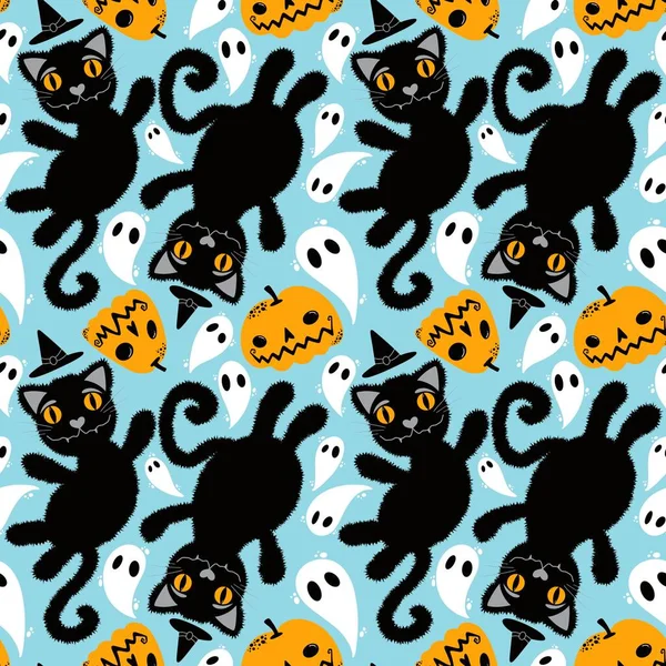 Dibujos Animados Halloween Gatos Negros Animales Sin Costuras Patrón Monstruos — Foto de Stock