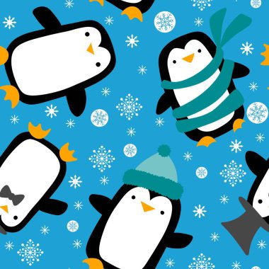 Noel hayvanları kağıt, kumaş, çarşaf, çocuk giysisi baskısı, yeni yıl aksesuarları ve kış ambalajları için kusursuz penguen desenleri. Yüksek kaliteli illüstrasyon