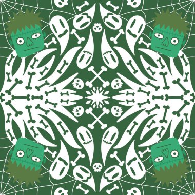 Cadılar Bayramı karikatürü geometrik, kumaşlar, tekstil ve ambalaj kağıtları ve festival aksesuarları için kusursuz canavar deseni. Yüksek kaliteli illüstrasyon