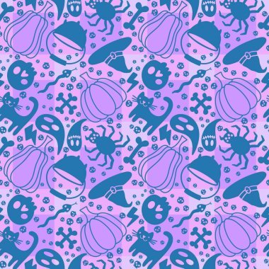 Çizgi film cadılar bayramı süssüz balkabakları, kafatasları, kediler, örümcekler, örümcekler kağıt, kumaşlar, çarşaflar ve çocuk giysileri baskıları ve ambalajları için hayalet desenleri. Yüksek kaliteli illüstrasyon