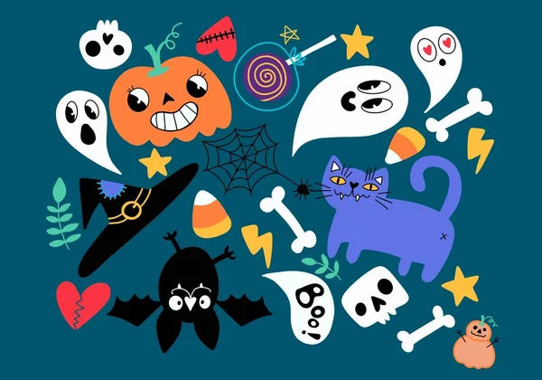 Cartoon Halloween Σετ Κολοκύθες Και Κρανία Και Φάντασμα Και Γάτα — Φωτογραφία Αρχείου
