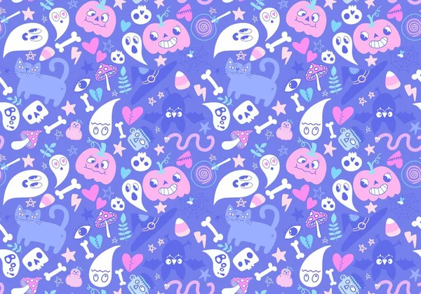 Desenhos Animados Halloween Sem Costura Abóboras Crânios Fantasma Gato Padrão — Fotografia de Stock