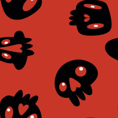 Çizgi film cadılar bayramında kağıt, çarşaf, kumaş, çocuk giysisi baskısı, şenlik aksesuarları ve parti ambalajları için kusursuz kafatası desenleri. Yüksek kalite fotoğraf