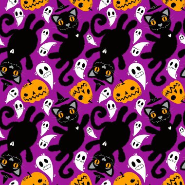 Cadılar Bayramı çizgi filminde siyah kediler, kağıt, kumaş, çarşaf, çocuk giysisi baskısı ve şenlikli ambalaj için kusursuz hayvan desenleri. Yüksek kaliteli illüstrasyon