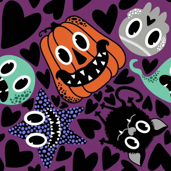 Pumpkins Halloween Kartun Dan Hantu Dan Kucing Dan Tengkorak Dan — Stok Foto