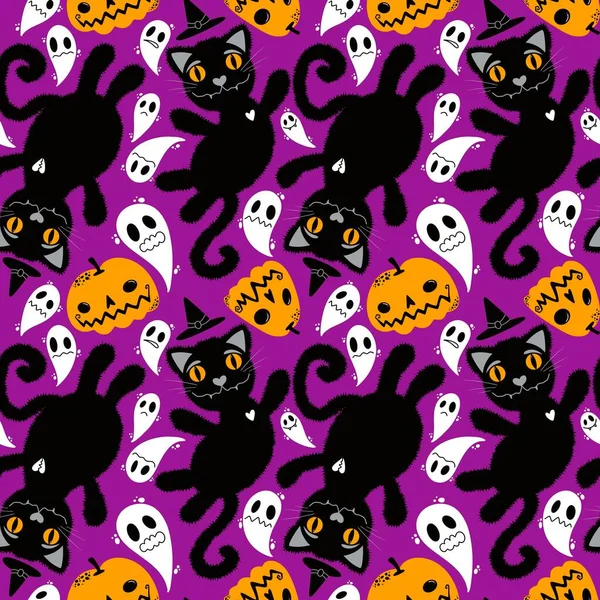 Halloween Cartoon Schwarze Katzen Nahtlose Tiere Flauschige Monster Muster Zum — Stockfoto