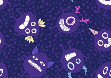 Cartoon monsters seamless emoticons aliens pattern for kids clothes print and wrapping paper and fabrics and linens and kindergarten. High quality illustration
