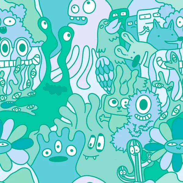 Monstros Desenhos Animados Sem Costura Alienígenas Engraçados Coelho Cacto Padrão — Fotografia de Stock