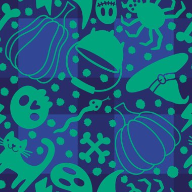 Çizgi film cadılar bayramı süssüz balkabakları, kafatasları, kediler, örümcekler, örümcekler kağıt, kumaşlar, çarşaflar ve çocuk giysileri baskıları ve ambalajları için hayalet desenleri. Yüksek kaliteli illüstrasyon