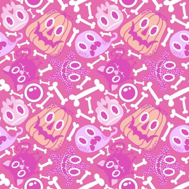 Çizgi filmlerde cadılar bayramı balkabakları, hayaletler, kediler, kafatasları, deniz yıldızı desenleri ve çocuk giysileri baskısı, şenlikli ambalajlar, kumaşlar ve çarşaflar. Yüksek kaliteli illüstrasyon