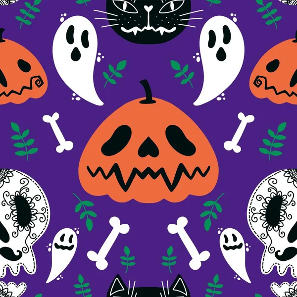 Halloween Kürbisse Nahtlos Geist Und Knochen Und Katzenmuster Für Verpackungspapier — Stockfoto