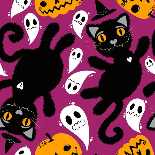 Dibujos Animados Halloween Gatos Negros Animales Sin Costuras Patrón Monstruos —  Fotos de Stock