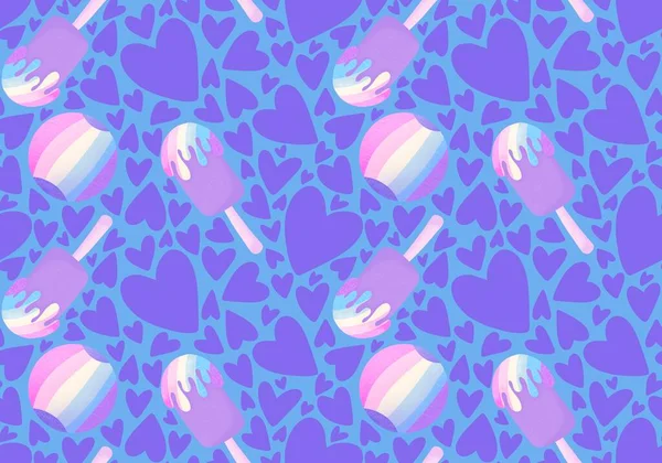 Cartoon Summer Rainbow Seamless Ice Cream Hearts Ball Pattern Wrapping — Stock Photo, Image