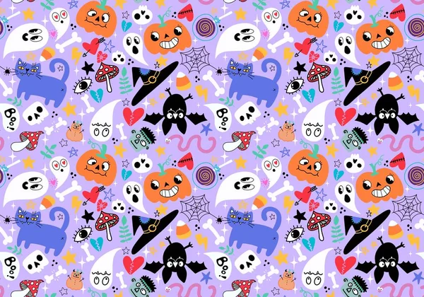 Cartoon Halloween Χωρίς Ραφή Κολοκύθες Και Κρανία Και Φάντασμα Και — Φωτογραφία Αρχείου