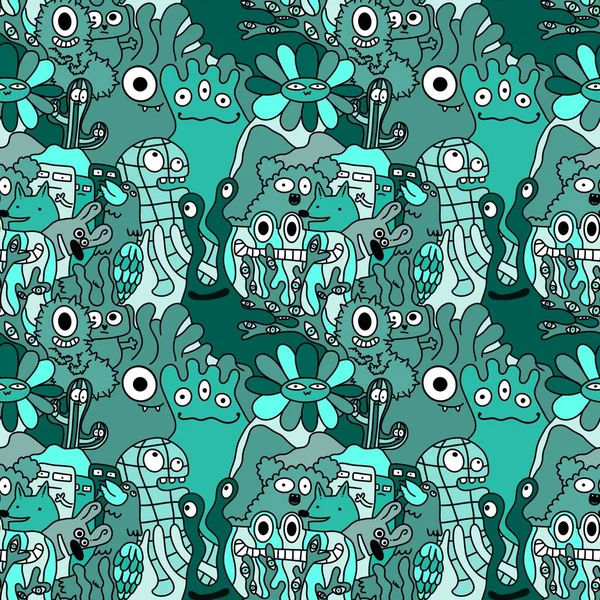 Cartoon Monsters Seamless Funny Aliens Rabbit Cactus Flower Pattern Wrapping — Stock Photo, Image