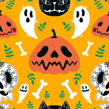 Cadılar Bayramı balkabakları, kusursuz hayaletler, kemikler ve kedi desenleri kağıt, çarşaf, kumaş, çocuk giysileri ve sonbahar aksesuarları. Yüksek kaliteli illüstrasyon