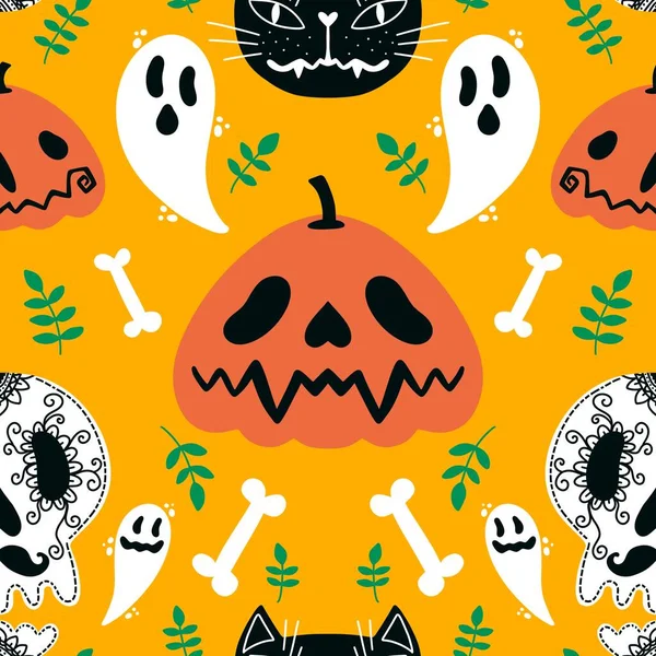 Halloween Dýně Bezešvé Duch Kosti Kočičí Vzor Pro Balení Papíru — Stock fotografie