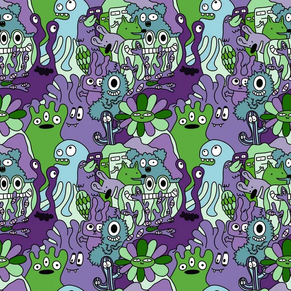 Cartoon Monsters Naadloze Grappige Aliens Konijn Cactus Bloem Patroon Voor — Stockfoto