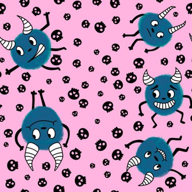 Cartoon monsters seamless emoticons aliens pattern for kids clothes print and wrapping paper and fabrics and linens and kindergarten. High quality illustration