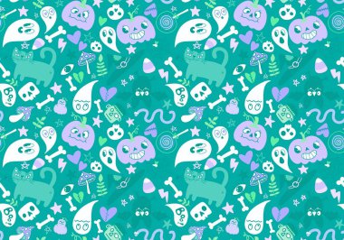 Çizgi film cadılar bayramı süssüz balkabakları, kafatasları, hayalet ve kedi desenli ambalaj kağıtları, kumaşlar, çarşaflar, çocuk giysileri baskıları ve sonbahar aksesuarları. Yüksek kaliteli illüstrasyon