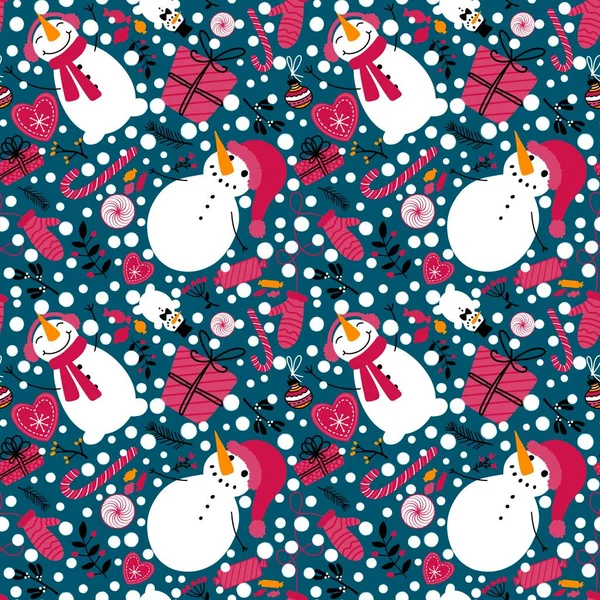 Рождественский Снеговик Бесшовные Конфеты Цветок Подарочная Коробка Перчатки Узор Упаковки — стоковое фото