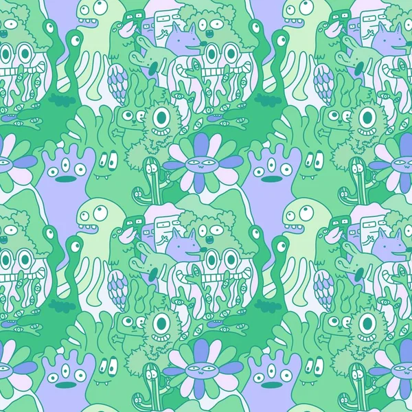 Карикатурные Монстры Бесшовные Смешные Инопланетяне Кролик Кактус Цветочный Узор Упаковки — стоковое фото