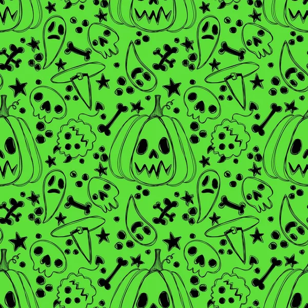 Halloween Desenhos Animados Sem Costura Abóboras Chapéu Bruxa Padrão Fantasma — Fotografia de Stock