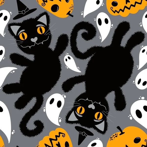 Halloween Rajzfilm Fekete Macskák Zökkenőmentes Állatok Bolyhos Szörnyek Minta Csomagolására — Stock Fotó