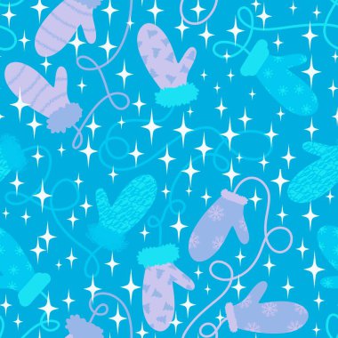 Kış eldivenleri kar taneleri desenli kağıt, kumaş, çarşaf ve çocuk giysileri baskısı ve yeni yıl ambalajı ve aksesuarları. Yüksek kaliteli illüstrasyon