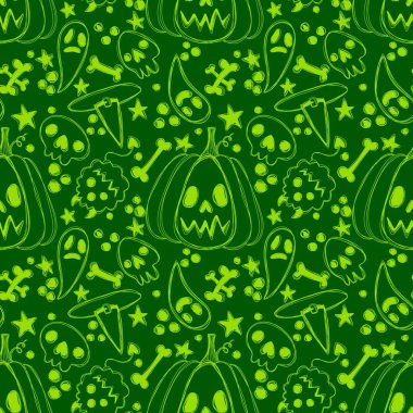 Cadılar Bayramı çizgi filmleri, balkabakları, cadı şapkaları, kumaşlar, çocuk giysileri baskısı, şenlikli ambalajlar ve sonbahar aksesuarları için hayalet desenleri. Yüksek kaliteli illüstrasyon