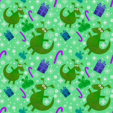 Cartoon dinosaur monsters seamless dragon pattern for wrapping paper and Christmas gift box and kids clothes print and festive packaging and linens and fabrics. High quality illustration