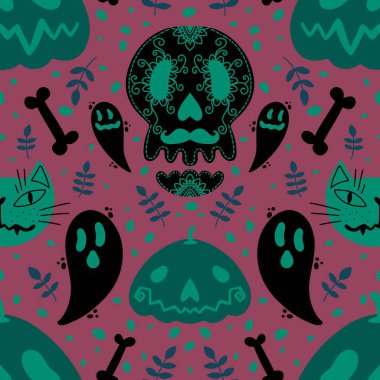 Cadılar Bayramı balkabakları, kusursuz hayaletler, kemikler ve kedi desenleri kağıt, çarşaf, kumaş, çocuk giysileri ve sonbahar aksesuarları. Yüksek kaliteli illüstrasyon