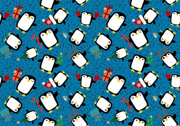 圣诞动物无缝企鹅图案用于包装纸和织物 亚麻布和儿童服装印花和新年饰物和冬季包装 高质量的例证 — 图库照片