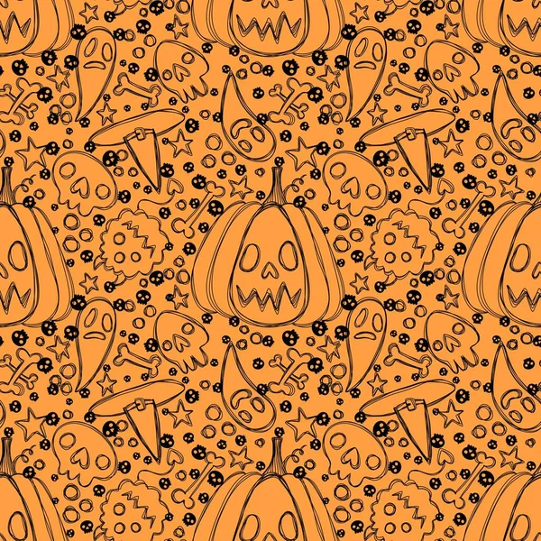 Calabazas Sin Costura Dibujos Animados Halloween Sombrero Bruja Patrón Fantasma —  Fotos de Stock