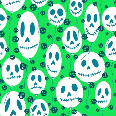 Cadılar Bayramı kafatasları, kağıt, kumaş, çarşaf, çocuk giysisi baskısı, sonbahar aksesuarları ve ambalaj için kusursuz şenlik balonları deseni. Yüksek kaliteli illüstrasyon