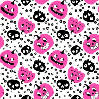 Balkabağı çizgi filmi Cadılar Bayramı 'nda kağıt, kumaş, çarşaf, çocuk giysisi baskısı, şenlik ambalajı ve sonbahar aksesuarları için kusursuz kafatası desenleri. Yüksek kaliteli illüstrasyon